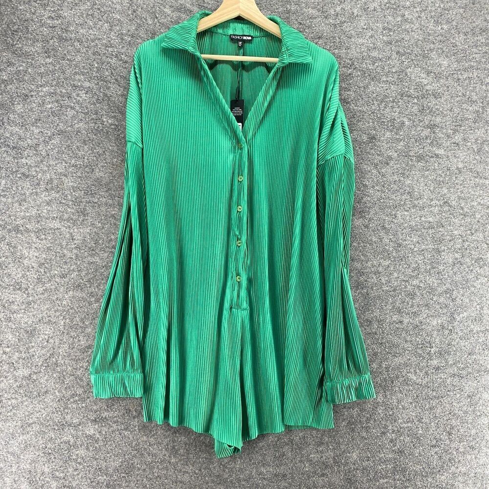 5/$45 New Fashion Nova Shirt Women XL Green Button Up Pleated Long Sleeve